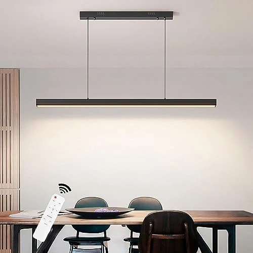 Suspension Luminaire LED moderne, luminaire suspension Noir Design Linéaire Dimmable avec télécommande, luminaire suspendu Réglable 32W pour Salle à Manger Salon Îlot de Cuisine Bureau, 80cm
