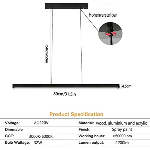 Suspension Luminaire LED moderne, luminaire suspension Noir Design Linéaire Dimmable avec télécommande, luminaire suspendu Réglable 32W pour Salle à Manger Salon Îlot de Cuisine Bureau, 80cm