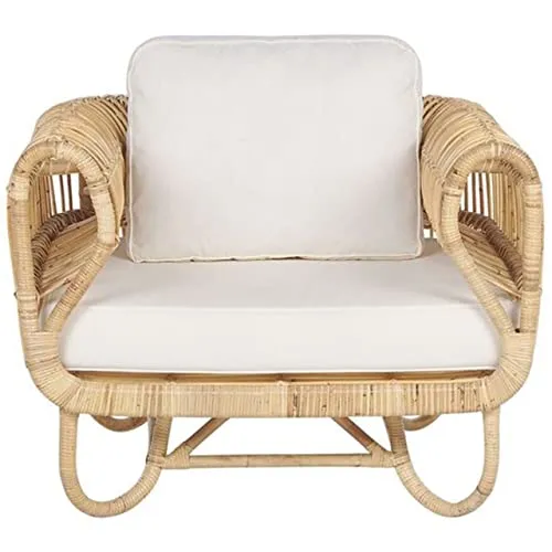 Fauteuil Design en Rotin Naturel avec Accoudoirs Décoratifs et Coussins Beiges pour Chambre Salon ou Jardin au Style Boho et Rustique Beliani