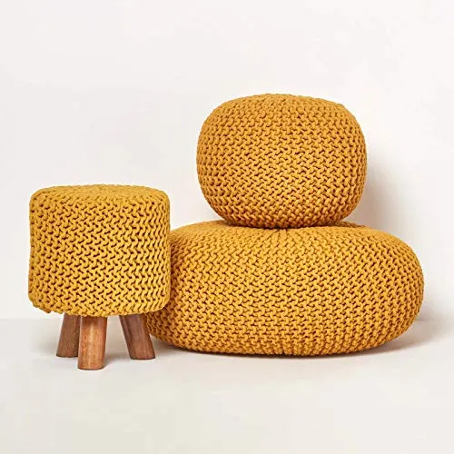 HOMESCAPES Pouf Rond tressé en Coton, Pouf Tricot Coloris Jaune Moutarde, 40x35 cm