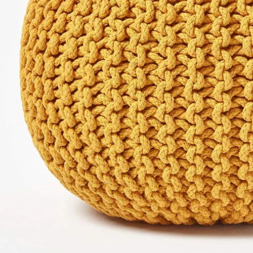 HOMESCAPES Pouf Rond tressé en Coton, Pouf Tricot Coloris Jaune Moutarde, 40x35 cm