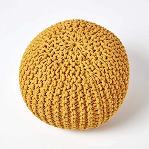 HOMESCAPES Pouf Rond tressé en Coton, Pouf Tricot Coloris Jaune Moutarde, 40x35 cm