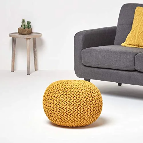 HOMESCAPES Pouf Rond tressé en Coton, Pouf Tricot Coloris Jaune Moutarde, 40x35 cm