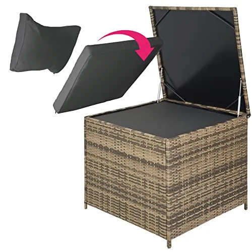 TecTake 800678 Salon de Jardin 4 Personnes en résine tressée, 2 Canapés modulables, Coffre de Rangement et Table Basse en Verre Inclus – Plusieurs Couleurs Disponibles (Marron Naturel/Gris foncé)