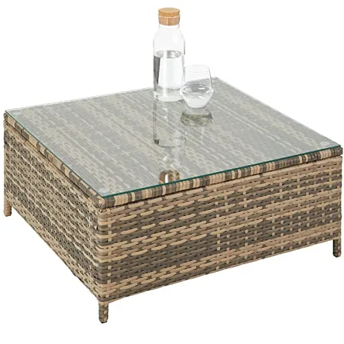TecTake 800678 Salon de Jardin 4 Personnes en résine tressée, 2 Canapés modulables, Coffre de Rangement et Table Basse en Verre Inclus – Plusieurs Couleurs Disponibles (Marron Naturel/Gris foncé)