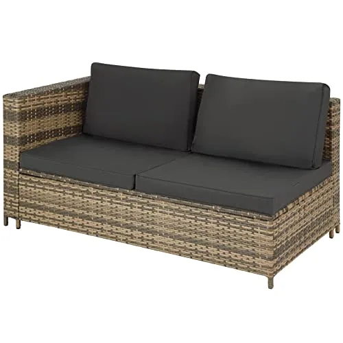 TecTake 800678 Salon de Jardin 4 Personnes en résine tressée, 2 Canapés modulables, Coffre de Rangement et Table Basse en Verre Inclus – Plusieurs Couleurs Disponibles (Marron Naturel/Gris foncé)