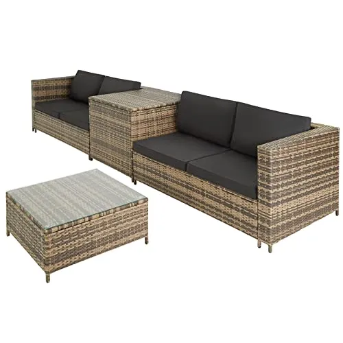 TecTake 800678 Salon de Jardin 4 Personnes en résine tressée, 2 Canapés modulables, Coffre de Rangement et Table Basse en Verre Inclus – Plusieurs Couleurs Disponibles (Marron Naturel/Gris foncé)