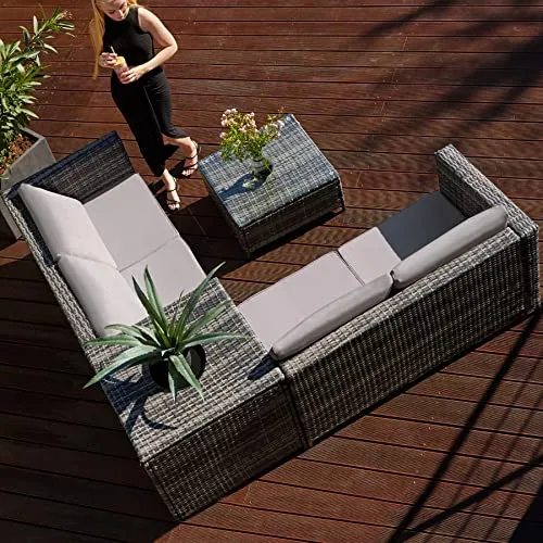 TecTake 800678 Salon de Jardin 4 Personnes en résine tressée, 2 Canapés modulables, Coffre de Rangement et Table Basse en Verre Inclus – Plusieurs Couleurs Disponibles (Marron Naturel/Gris foncé)