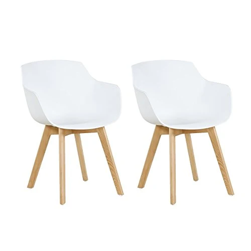 H.J WeDoo Lot de 2 Chaise Salle à Manger, Fauteuils Scandinave de Chaise latérale Design rétro avec Jambe de Bois de hêtre Massif - Blanc