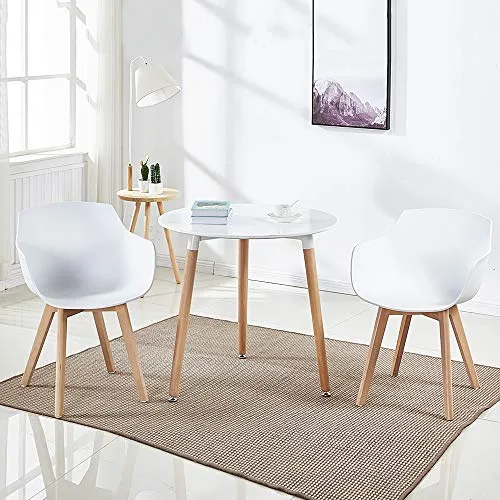 H.J WeDoo Lot de 2 Chaise Salle à Manger, Fauteuils Scandinave de Chaise latérale Design rétro avec Jambe de Bois de hêtre Massif - Blanc