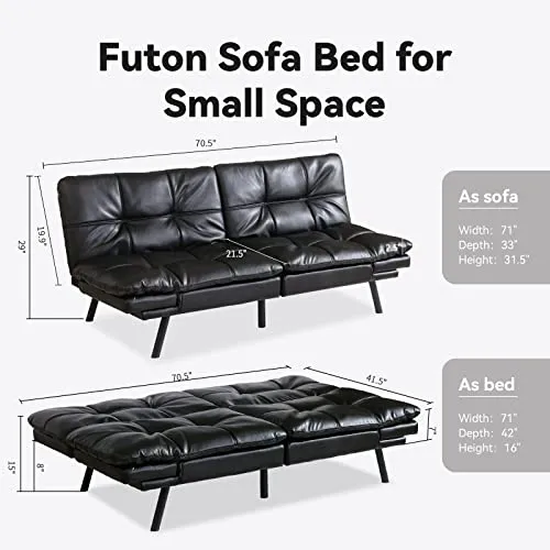 Opoiar Canapé-lit futon avec cadre et matelas, noir en mousse à mémoire de forme, siège futon, canapé couchette moderne pliable pour petit espace/bureau/appartement
