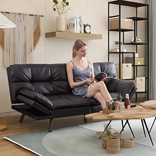 Opoiar Canapé-lit futon avec cadre et matelas, noir en mousse à mémoire de forme, siège futon, canapé couchette moderne pliable pour petit espace/bureau/appartement