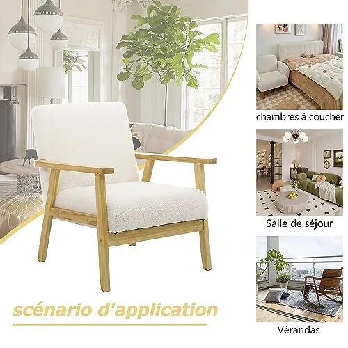Mingone Fauteuil de Salon en Bois Design Moderne Fauteuil en Laine Fauteuil avec Accoudoirs Chaise D'appoint Relax Chaise de Canapé pour Salon Chambre Vérandas, Blanc