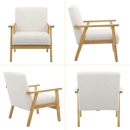 Mingone Fauteuil de Salon en Bois Design Moderne Fauteuil en Laine Fauteuil avec Accoudoirs Chaise D'appoint Relax Chaise de Canapé pour Salon Chambre Vérandas, Blanc