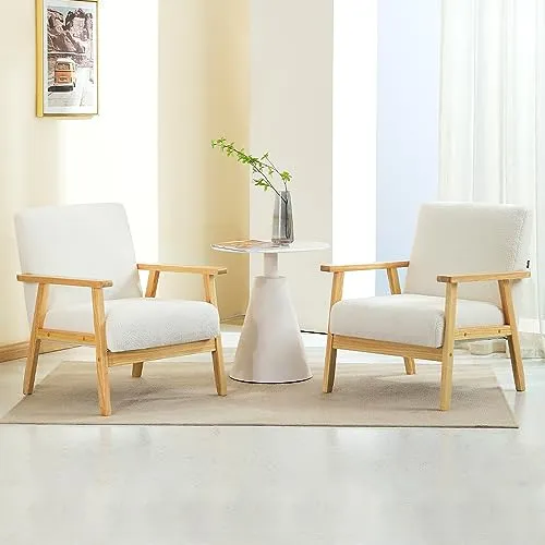 Mingone Fauteuil de Salon en Bois Design Moderne Fauteuil en Laine Fauteuil avec Accoudoirs Chaise D'appoint Relax Chaise de Canapé pour Salon Chambre Vérandas, Blanc