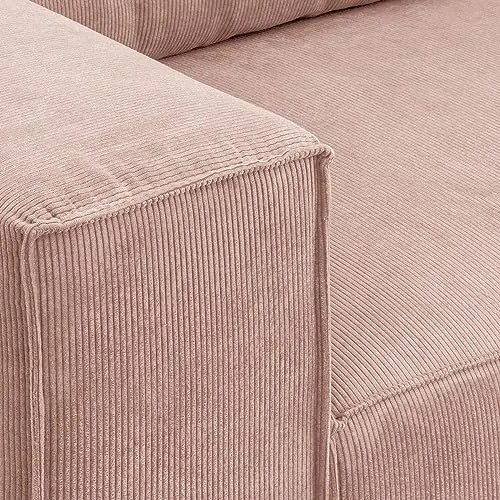 HOMIFAB Canapé d'angle Convertible réversible 4 Places avec Coffre de Rangement en Velours Fines côtes Rose pâle - Livia New