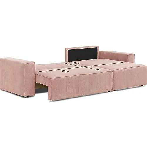 HOMIFAB Canapé d'angle Convertible réversible 4 Places avec Coffre de Rangement en Velours Fines côtes Rose pâle - Livia New