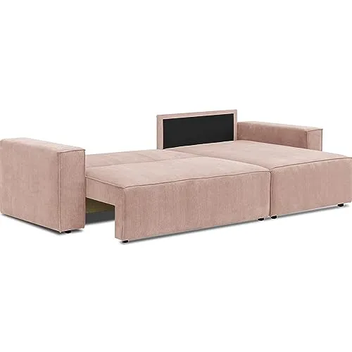 HOMIFAB Canapé d'angle Convertible réversible 4 Places avec Coffre de Rangement en Velours Fines côtes Rose pâle - Livia New