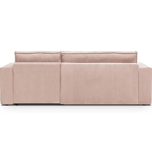 HOMIFAB Canapé d'angle Convertible réversible 4 Places avec Coffre de Rangement en Velours Fines côtes Rose pâle - Livia New