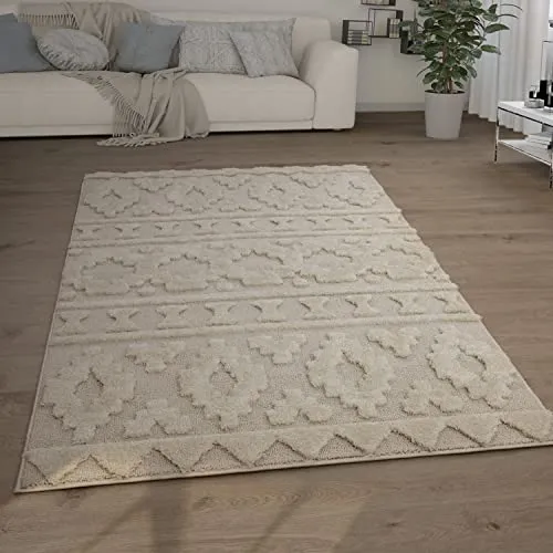 Paco Home Tapis Poils Longs Tapis De Salon Tapis Shaggy Aspect 3D Ethnique Boho Look Vintage Doux, Dimension:200x280 cm, Couleur:Crème 4