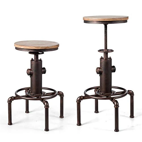 LIFEZEAL Tabouret de Bar Industriel, Hauteur Réglable 59,5-75CM, Tabouret Cuisine Rond Pivotant 360° avec Repose-Pieds, Siège en Pin 33x33CM, Support en Tube de Fer avec Charge de 150 KG, Bronze