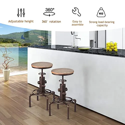 LIFEZEAL Tabouret de Bar Industriel, Hauteur Réglable 59,5-75CM, Tabouret Cuisine Rond Pivotant 360° avec Repose-Pieds, Siège en Pin 33x33CM, Support en Tube de Fer avec Charge de 150 KG, Bronze