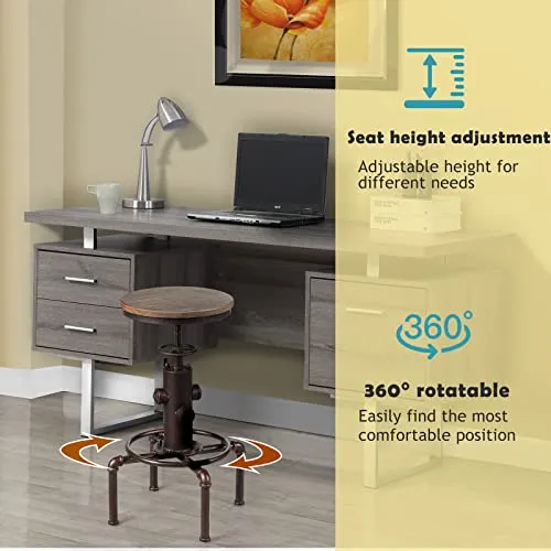 LIFEZEAL Tabouret de Bar Industriel, Hauteur Réglable 59,5-75CM, Tabouret Cuisine Rond Pivotant 360° avec Repose-Pieds, Siège en Pin 33x33CM, Support en Tube de Fer avec Charge de 150 KG, Bronze