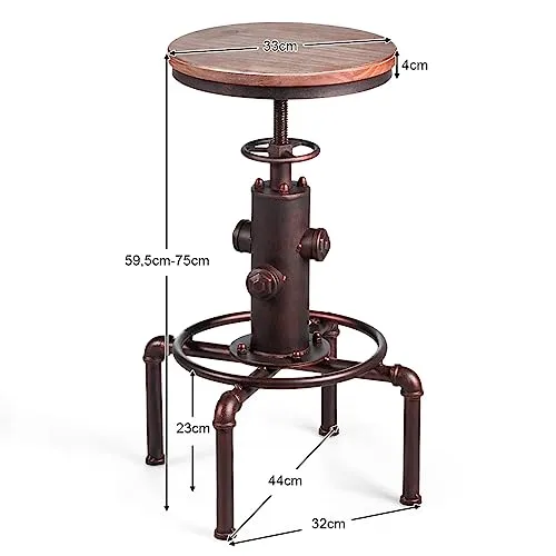 LIFEZEAL Tabouret de Bar Industriel, Hauteur Réglable 59,5-75CM, Tabouret Cuisine Rond Pivotant 360° avec Repose-Pieds, Siège en Pin 33x33CM, Support en Tube de Fer avec Charge de 150 KG, Bronze