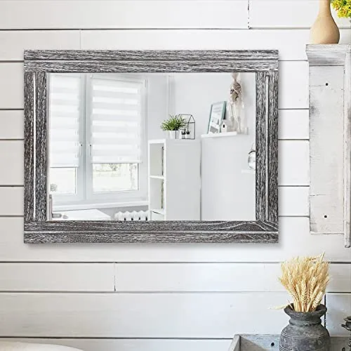 AAZZKANG Miroir mural rustique avec cadre en bois 50 x 40 cm rectangulaire décoratif pour chambre à coucher, salle de bain, miroir de ferme