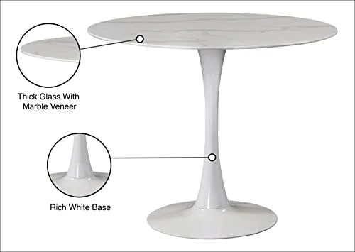 Meridian Furniture Holly Collection Modern | Table de salle à manger ronde contemporaine avec plateau en imitation marbre 91,4 cm de large, base en métal blanc