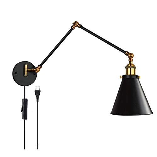FREEDL Retro Lampe Murale Bras Long avec Prise, Vintage Applique Murale Extensible Industriel avec Interrupteur, 27 Lampe De Mur Chambre Noir Antique De Style Loft, Liseuse Chevet Réglable,20+20