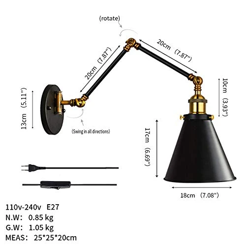 FREEDL Retro Lampe Murale Bras Long avec Prise, Vintage Applique Murale Extensible Industriel avec Interrupteur, 27 Lampe De Mur Chambre Noir Antique De Style Loft, Liseuse Chevet Réglable,20+20