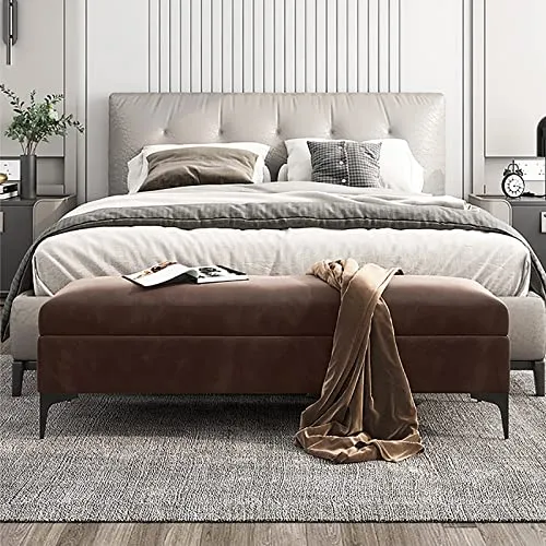 Banc de Rangement, Banc de Rangement en Velours Rembourré au Bout de Lit, Banc de Rangement de Qualité Supérieure avec Rangement, Pas Besoin d'Assembler-Marron 100x40x43cm(39x16x17in