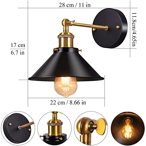 AWEKLIY Applique Murale en Métal Rétro Éclairage Industriel Suspension Luminaire Plafonnier Plafonnier E27 Pour Café Loft Cuisine Bar Restaurant Porche Allée Noir (Lot de 2)