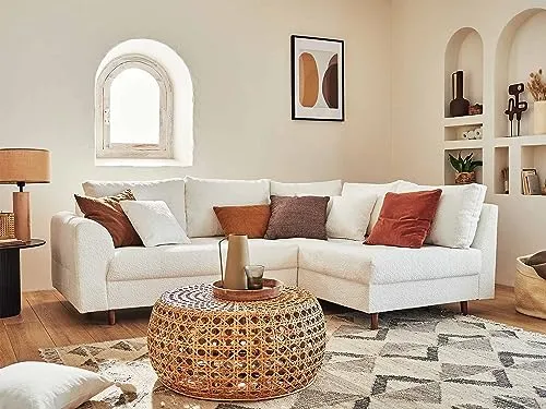 Lisa Design - Rune - canapé d'angle Droit - 4 Places - avec Pouf d'appoint - en Tissu Bouclette - Blanc