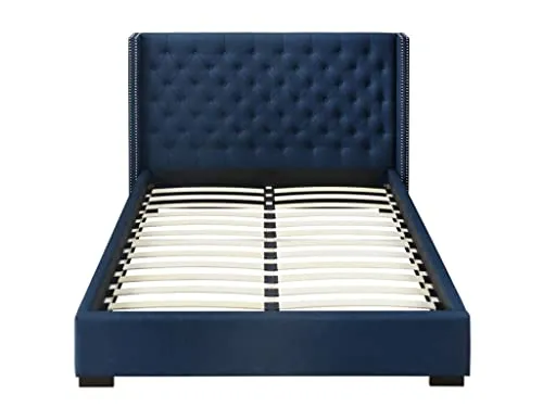 Vente-unique Lit avec tête de lit capitonnée - 160 x 200 cm - Tissu - Bleu - Massimo II