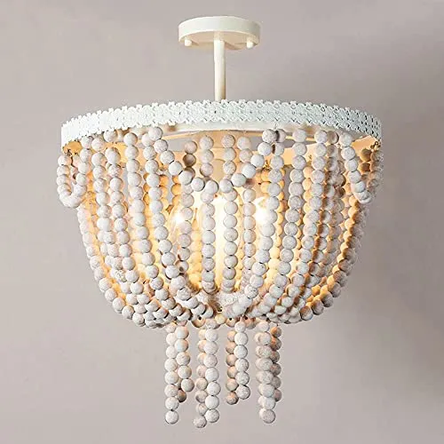 EBayin Luminaire de ferme rétro bohème, lustre en perles de bois, blanc vintage, 4 lumières, suspension perlée suspendue, pour salon de couloir intérieur Full moon