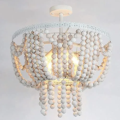 EBayin Luminaire de ferme rétro bohème, lustre en perles de bois, blanc vintage, 4 lumières, suspension perlée suspendue, pour salon de couloir intérieur Full moon