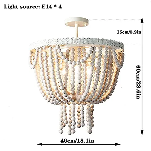 EBayin Luminaire de ferme rétro bohème, lustre en perles de bois, blanc vintage, 4 lumières, suspension perlée suspendue, pour salon de couloir intérieur Full moon