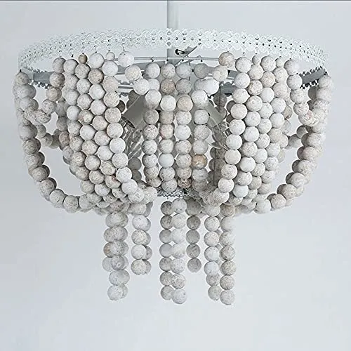 EBayin Luminaire de ferme rétro bohème, lustre en perles de bois, blanc vintage, 4 lumières, suspension perlée suspendue, pour salon de couloir intérieur Full moon