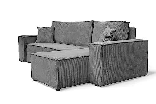 GrekPol Paris Canapé d'angle en tissu velours côtelé Poso avec fonction convertible et espace de rangement - Universel - Gris clair