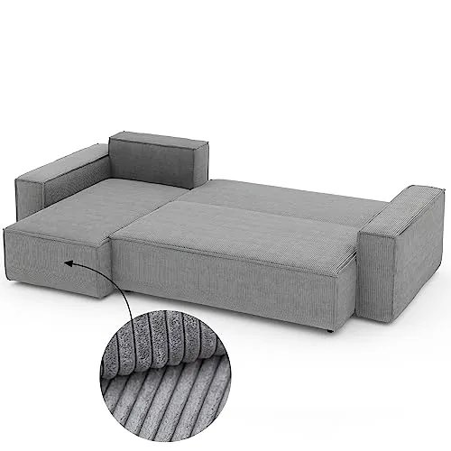 GrekPol Paris Canapé d'angle en tissu velours côtelé Poso avec fonction convertible et espace de rangement - Universel - Gris clair