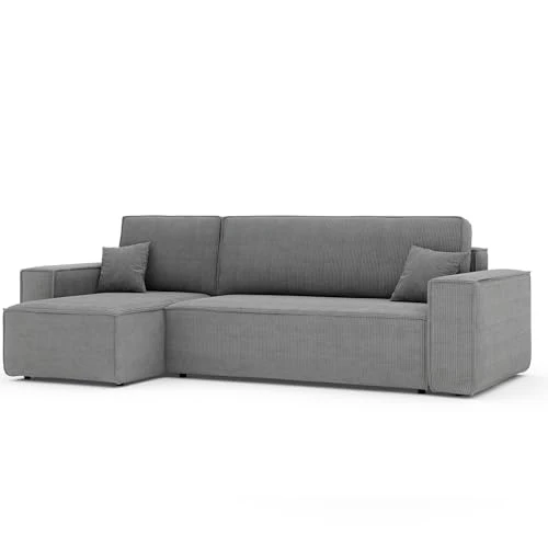 GrekPol Paris Canapé d'angle en tissu velours côtelé Poso avec fonction convertible et espace de rangement - Universel - Gris clair
