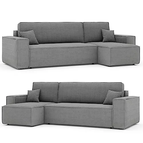 GrekPol Paris Canapé d'angle en tissu velours côtelé Poso avec fonction convertible et espace de rangement - Universel - Gris clair