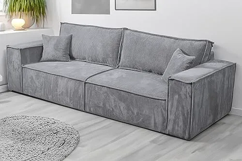 Tendencio Canapé Convertible 3 Places Vella en Velours côtelé - 255 cm - Mode lit et Coffre de Rangement (Gris Clair)