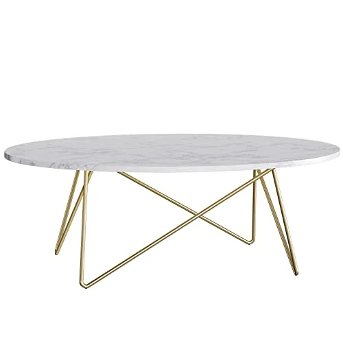 FirFurd Table Basse de Salon Effet Marbré Ovale Table de Canapé Table a Café Bas en Bois et Métal Piédestal Table d'Appoint Nordique Scandinave 120x60x41cm