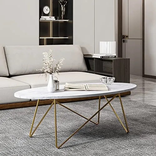 FirFurd Table Basse de Salon Effet Marbré Ovale Table de Canapé Table a Café Bas en Bois et Métal Piédestal Table d'Appoint Nordique Scandinave 120x60x41cm
