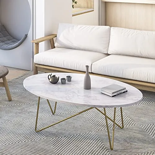 FirFurd Table Basse de Salon Effet Marbré Ovale Table de Canapé Table a Café Bas en Bois et Métal Piédestal Table d'Appoint Nordique Scandinave 120x60x41cm