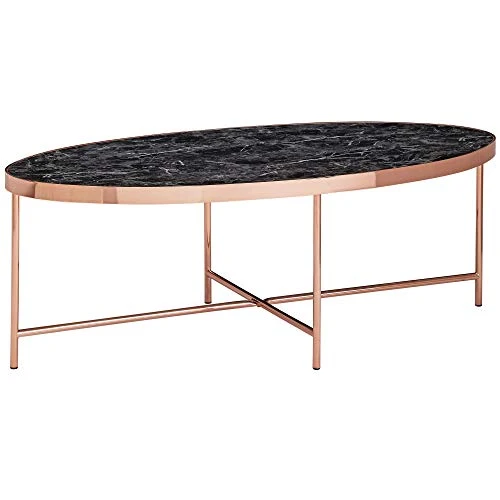 FineBuy Table Basse Ovale 110 x 40 x 56 cm Apparence De Marbre Noir | Table d'appoint Conception Moderne | Table De Sofa Structure Métallique Cuivre | Table De Salon Grand Verre De Sécurité Acier