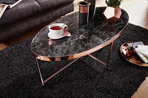 FineBuy Table Basse Ovale 110 x 40 x 56 cm Apparence De Marbre Noir | Table d'appoint Conception Moderne | Table De Sofa Structure Métallique Cuivre | Table De Salon Grand Verre De Sécurité Acier